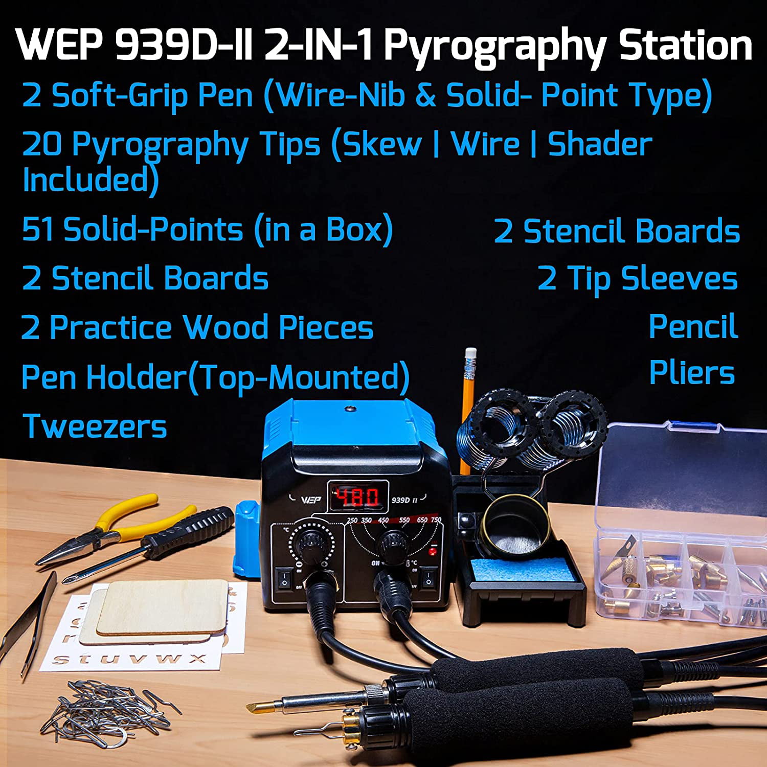 WEP 939-II Pyrography Station Wood Burning Kit 32-IN-1 with 20 Wood Burner  Tips Comfort Pen with 2 Letter Number Stencils, 2 Unfinished Wood, 1 Pen  Holder Woodburning Tools - Yahoo Shopping