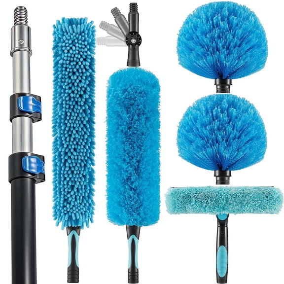 20 Foot High Ceiling Fan Duster with 5-12ft Extension Pole, Extendable Reusable Cobweb, Feather, Window Cleaning Squeegee Kit