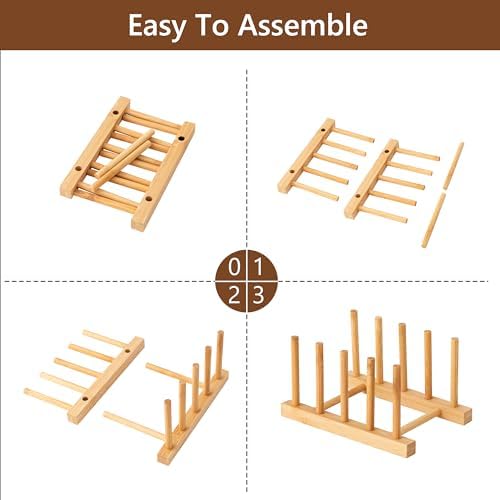 4pcs Bamboo Dish Plate Bowl Cup Book Pot Lid Cutting Board Drying Rack Stand Drainer Storage Holder Organizer Kitchen Cabinet（Keep Dry）