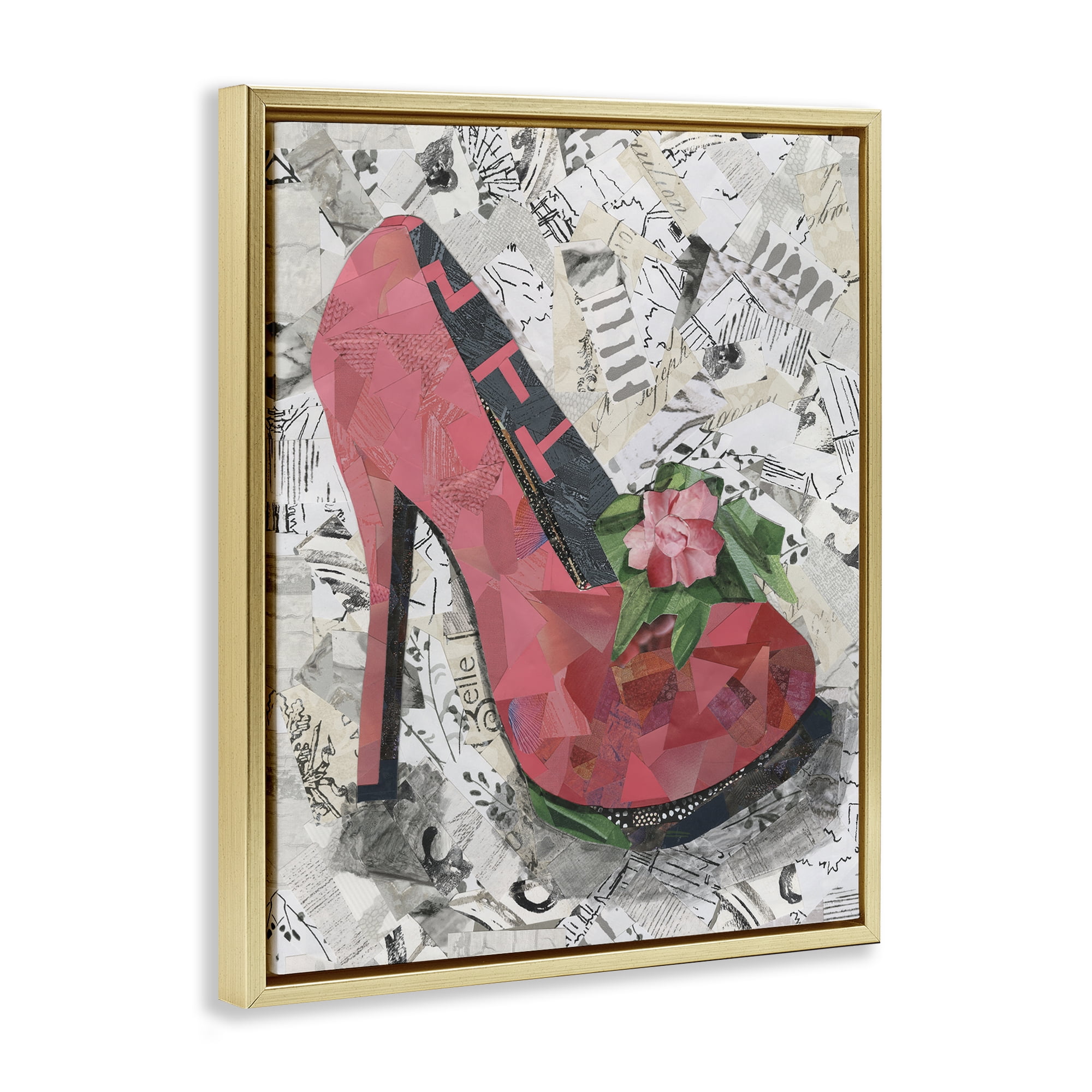Stupell Industries Collaged Pink Heel Fashion Painting Gold Floater Framed Canvas Art Print Wall Art, 17 x 21