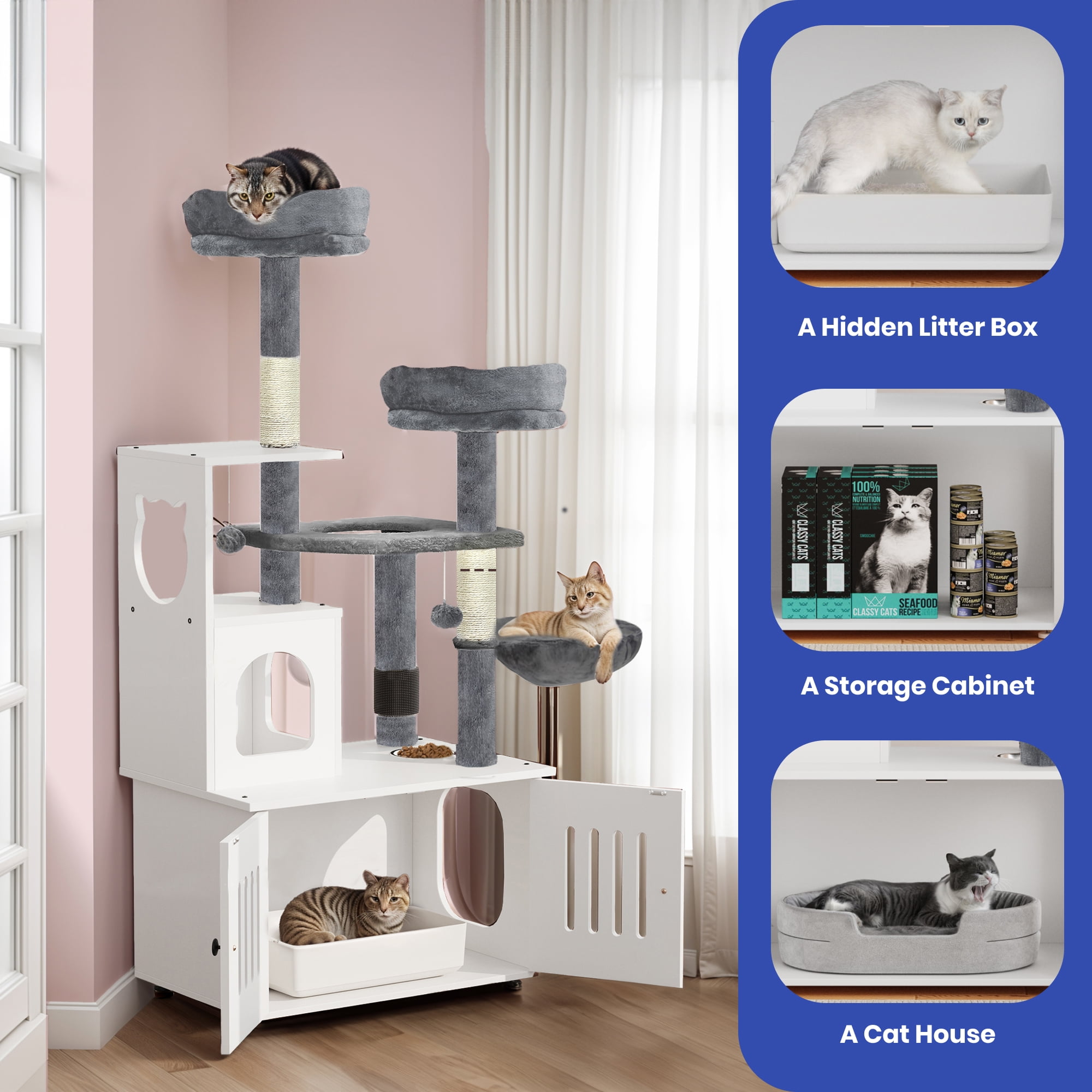 ModFusion Multi-Level Cat Tree Tower, Scratching Posts, Feeding Station, Enclosed Cat Toilet, White & Gray