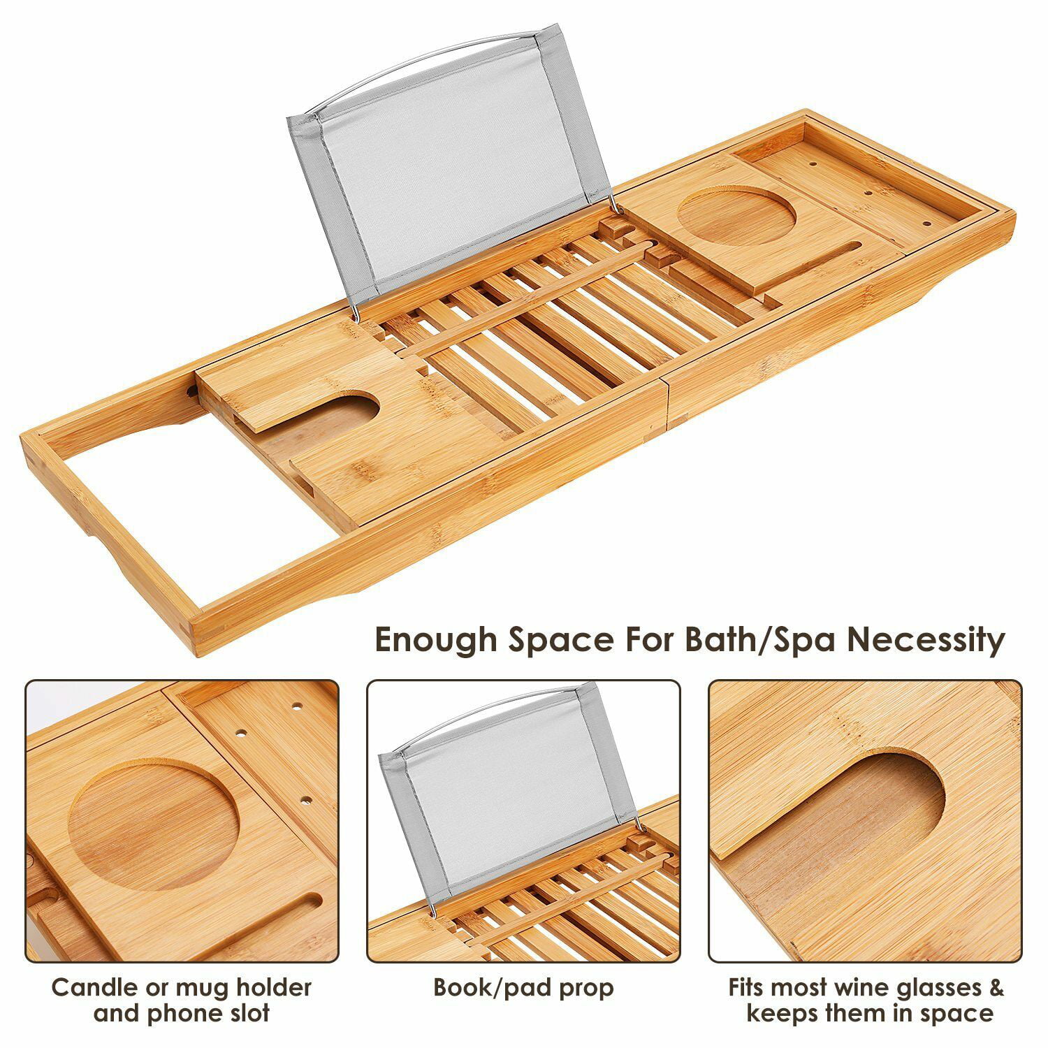 Bamboo Bathtub Caddy Tray & Pillow Shower Rack Organizer Pad/Tablet/Book  Holder