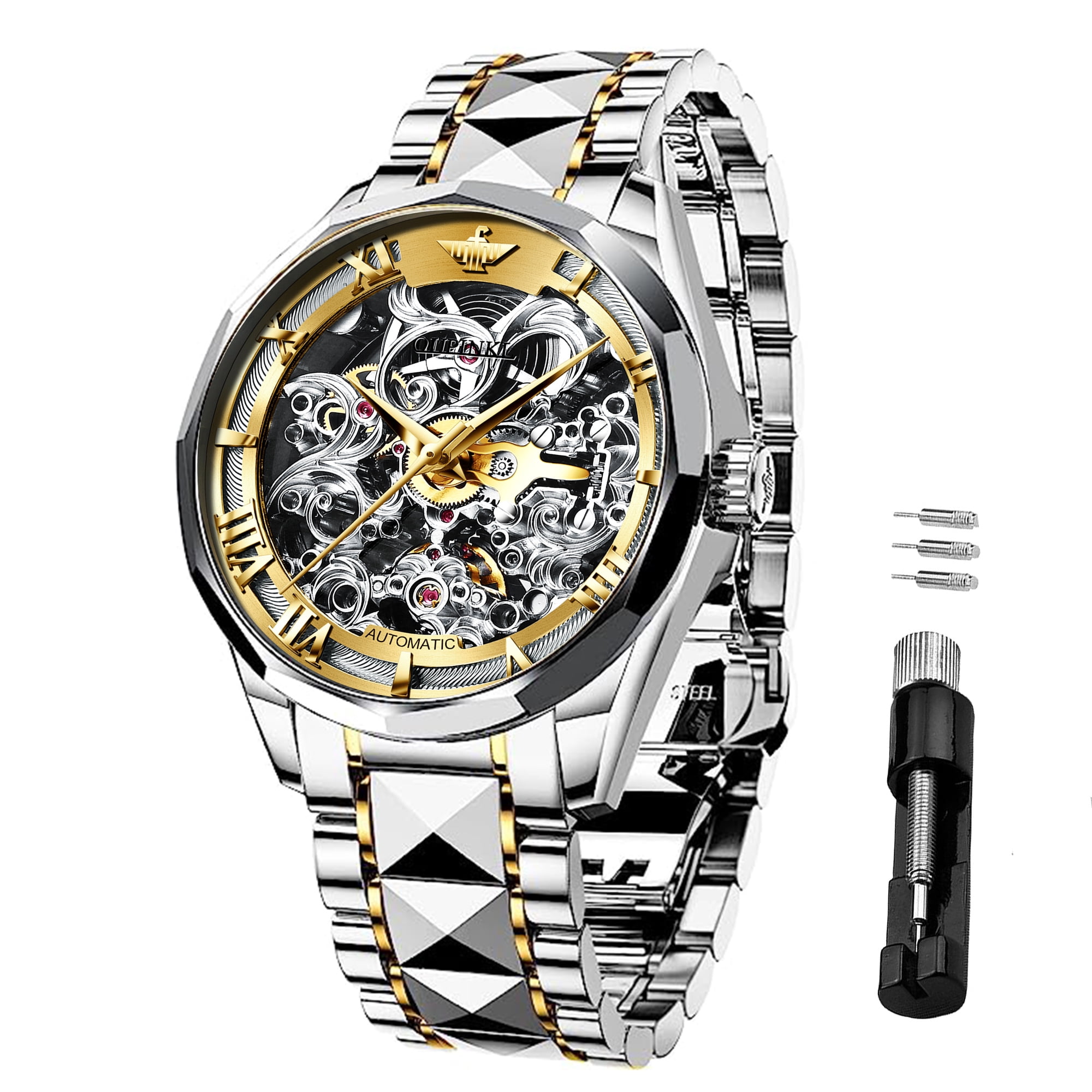 OUPINKE Gold Watches for Mens Automatic Mechanical Skeleton Watch Self  Winding Luxury Dress Fashion Tungsten Steel Mens Watch Waterproof Reloj  Dorado Para Hombre, Gift for Men 