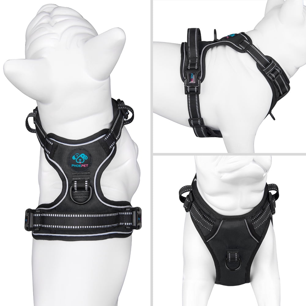 PHOEPET No Pull Dog Harness Medium Reflective Front Clip Vest with Handle, Adjustable 2 Metal Rings 2 Buckles,Black