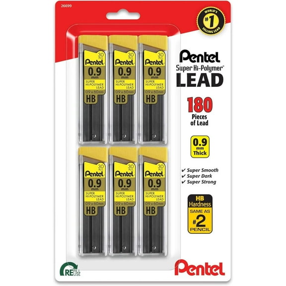 Pentel Refill Super Hi-Polymer Lead (0.9mm) HB 30pc tube 6pk