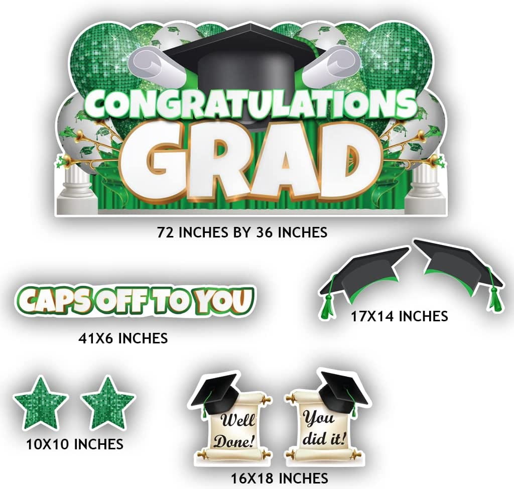 VictoryStore Oversized Green Congratulations Grad, Caps Off To You EZ Yard Card Set, 8 Pieces