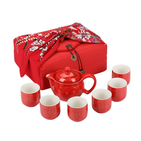 I-MART Chinese Tea Set, Red Ceramic Chinese Wedding Tea Set, Asian Traditional Tea Set with 1 Tea Pot. 6 Tea Cups and 1 Gift Box