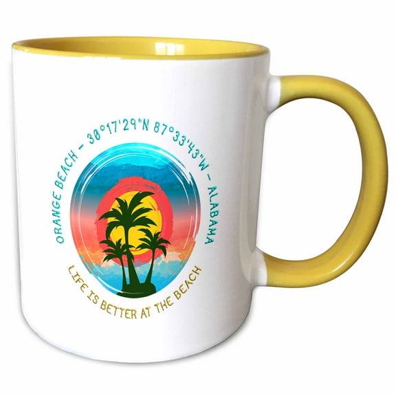3drose, Orange Beach, Alabama. Life Is Better at the Beach Summer Gift, 11oz Two-tone Yellow Mug