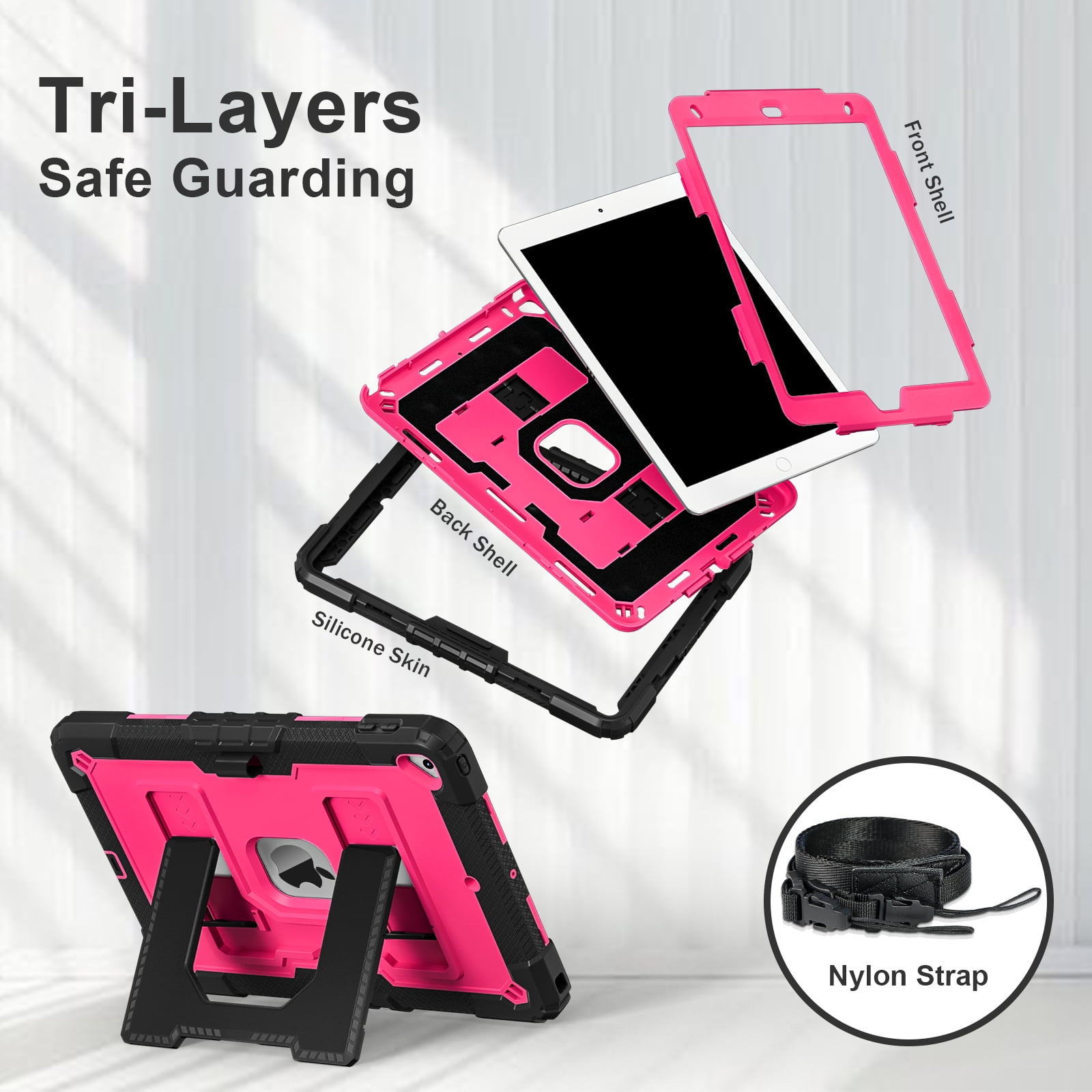 ELEHOLD 3-Layer Rugged Case For Apple iPad Mini 7th 6th Generation Heavy Duty Shockproof Cover, [Drop Protection], [Logo Visible], With Kickstand & Pencil Holder & Shoulder Strap, Black+Rose