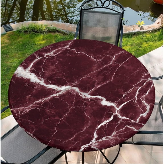 Round Fitted Tablecloth with Elastic Edge Design Table Cover Waterproof Stain-Resistant Wipeable Table Cloth Best for 42"-46" Round Tables for Outdoor Indoor Red Marble
