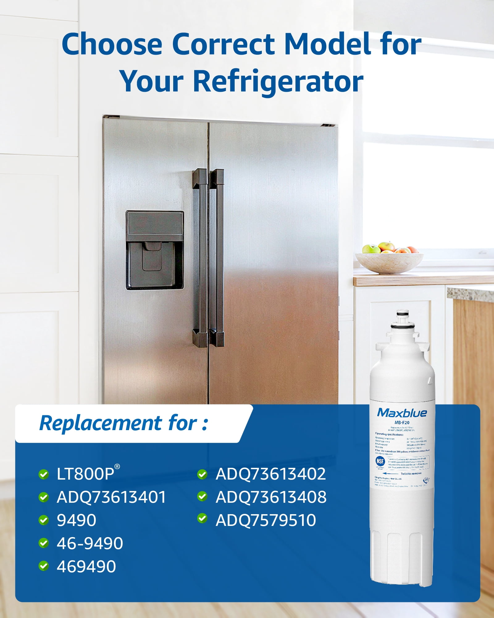 Maxblue ADQ73613401 Refrigerator Water Filter, Replacement for LG® LT800P®, ADQ73613402, ADQ73613408, ADQ75795104, Kenmore 9490, LSXS26326S, LMXC23746S, WF-LT800P, 469490, LMXC23746D, Pack of 3