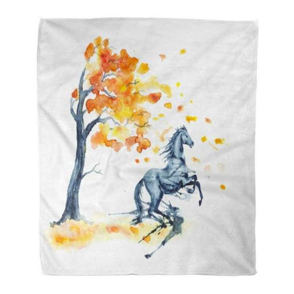 JSDART Throw Blanket Warm Cozy Print Flannel Wet Watercolor Rearing Up Horse Ink Blots Stains Autumn Tree Yellow and Orange Comfortable Soft for Bed Sofa and Couch 50x60 Inches