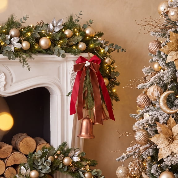 Christmas Jingle Bell Ornament with Bow, Iron Metal Hanging Decor for Door Wall Mantel Tree Wreath Holiday Decoration