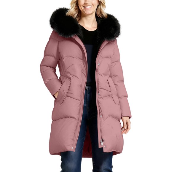 Manteaux d'Hiver en Duvet pour Femmes, Longs Manteaux Matelassés pour Femmes Épaissis et Chauds avec Capuche, Fermeture Éclair, Fermeture à Boutons-Pression, Poches Latérales