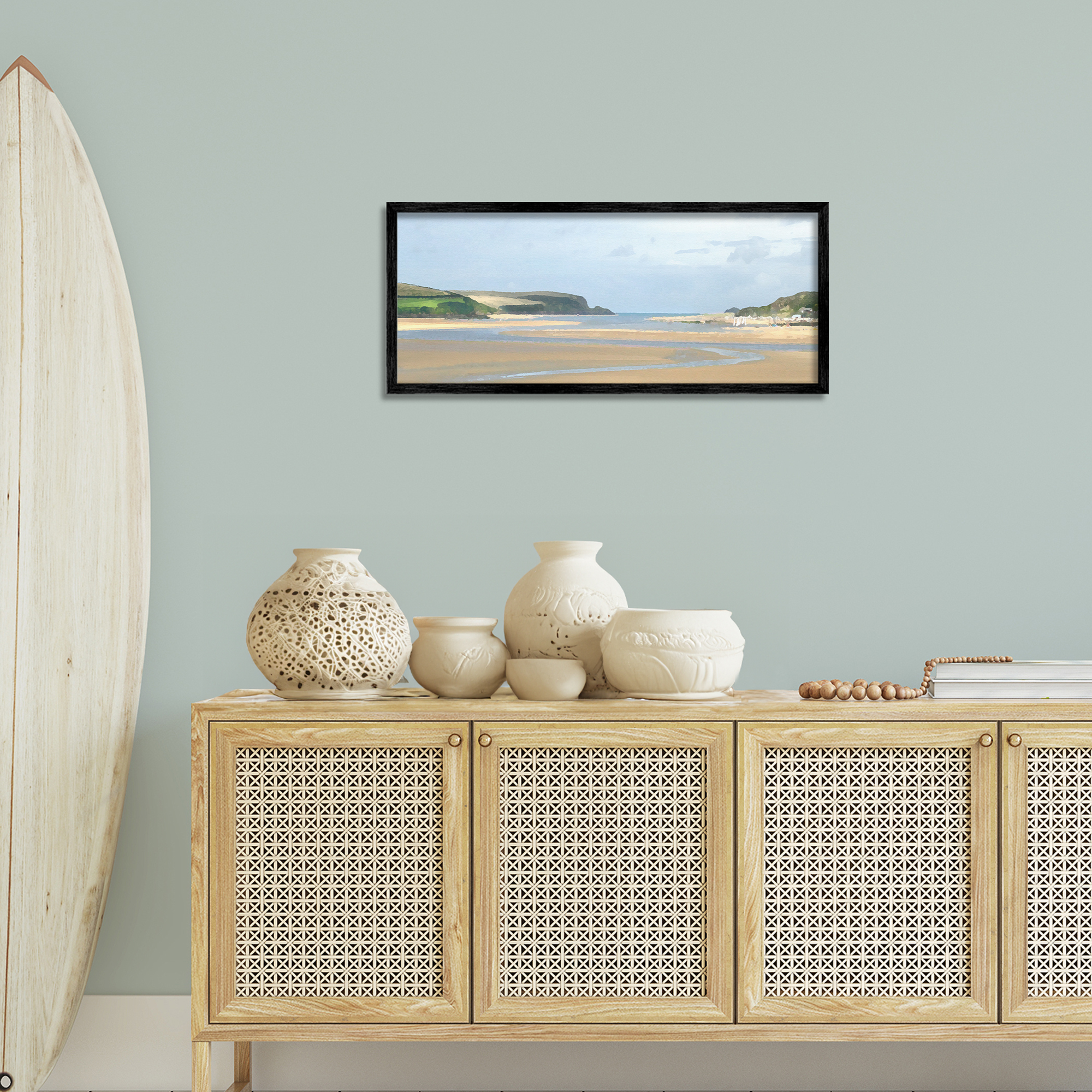 Stupell Industries Vast Beach View Landscape Painting Black Framed Art Print Wall Art, 30 x 13