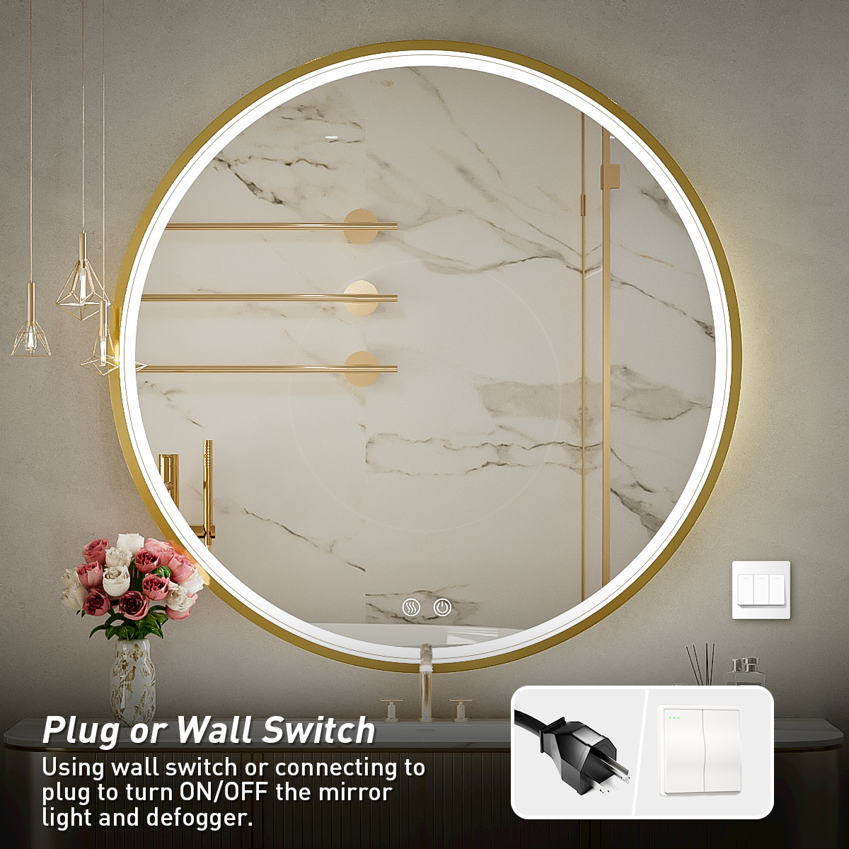 FTOTI 32" Round Gold LED Bathroom Mirror - Anti-Fog, Dimmable Touch, IP54 Waterproof, 90+ CRI, Wall Mounted