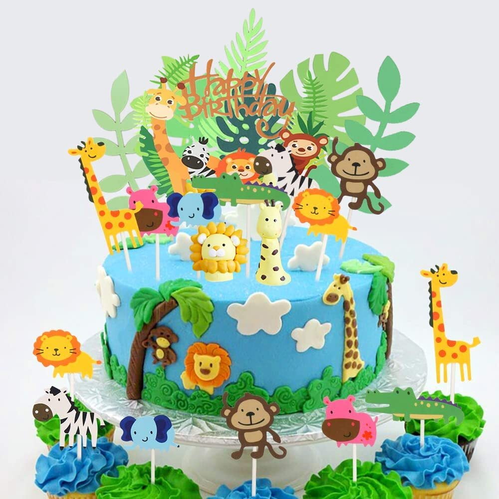 AOWEE Jungle Safari Wild Animal Cake Toppers, Lion Elephant Giraffe Cupcake  Topper with Tropic Leaves for Girls Boys Birthday Baby Shower Jungle Animal  Themed Party Supplies 