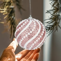 Pink Christmas Tree Ornaments 8cm - 2PC Glitter Snowball Decor with Bead Accents, Shatterproof Plastic Hanging Pendants for Holiday Decorating