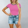 thumbnail image 2 of Kinrui Short Sleeve Fitted T-Shirts for Women Denim Patchwork Trim Casual Summer Tops Hot Pink XL, 2 of 6