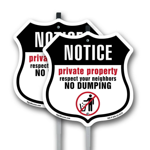 Notice Private Property Respect Your Neighbors No Dumping (2 Pack) 12 inch X 12 inch Shield Shaped Rust-Free Aluminum Metal Signs with Aluminum Mounting Stakes Weather Resistant Made in