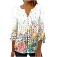 thumbnail image 2 of ICHUANYI Clearance Women's Casual Trumpet 3/4 Sleeve Printed Buttoned Basic Ruched Corset Tunic Tops Pleated T-shirts Blouses(White, M) ICHUANYI WER2023080800647, 2 of 5
