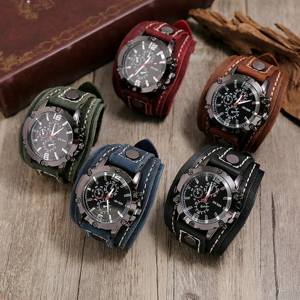 Reloj steampunk para hombre • Movimiento vintage de cuarzo • Correa de cuero de vaca cosida a mano • Cara marrón • Resistente al agua