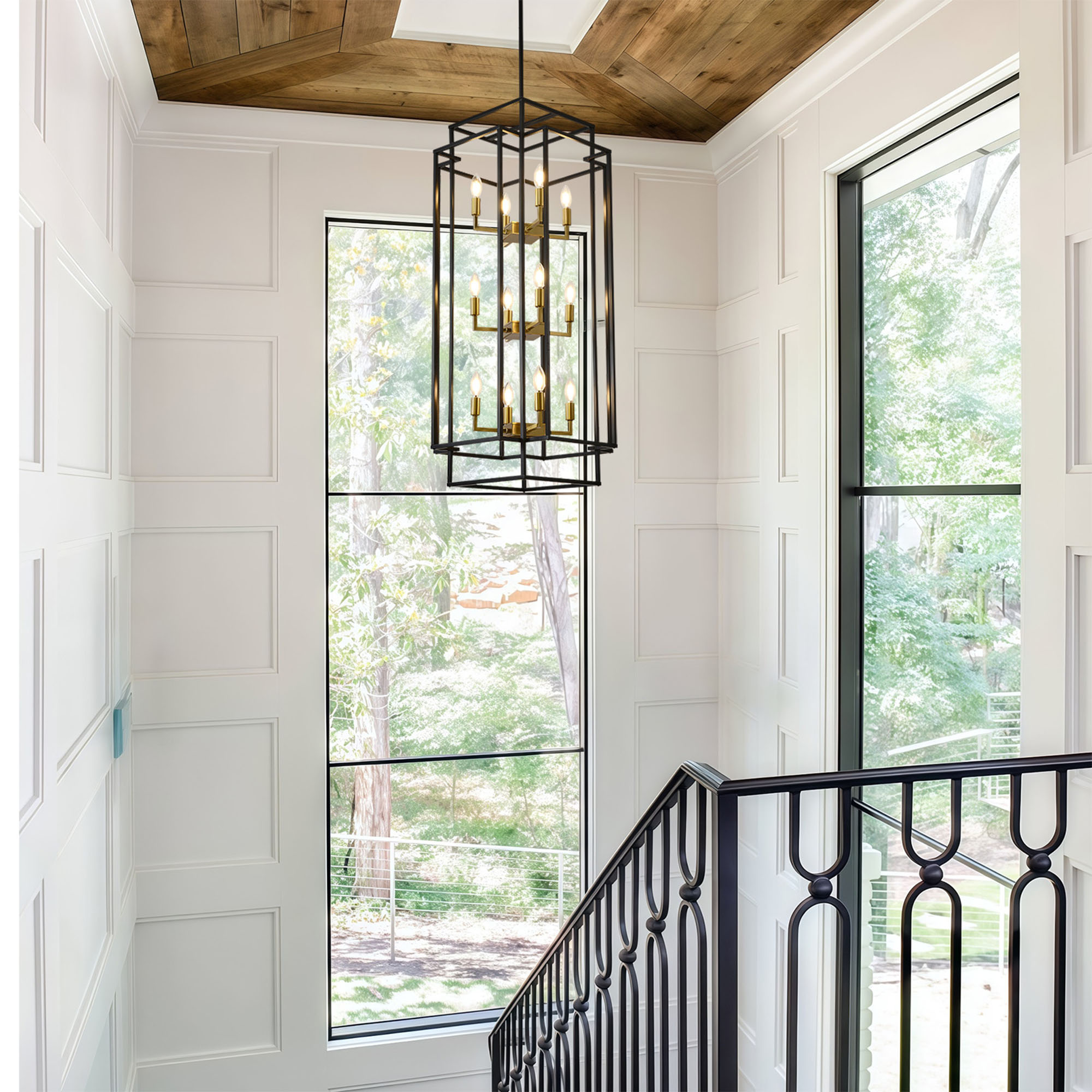 12-Light Lantern Tiered Pendant Light Fixtures,Farmhouse Foyer Chandelier, Black and Gold Dining Room Light Fixture for Living Room Staircase Entryway