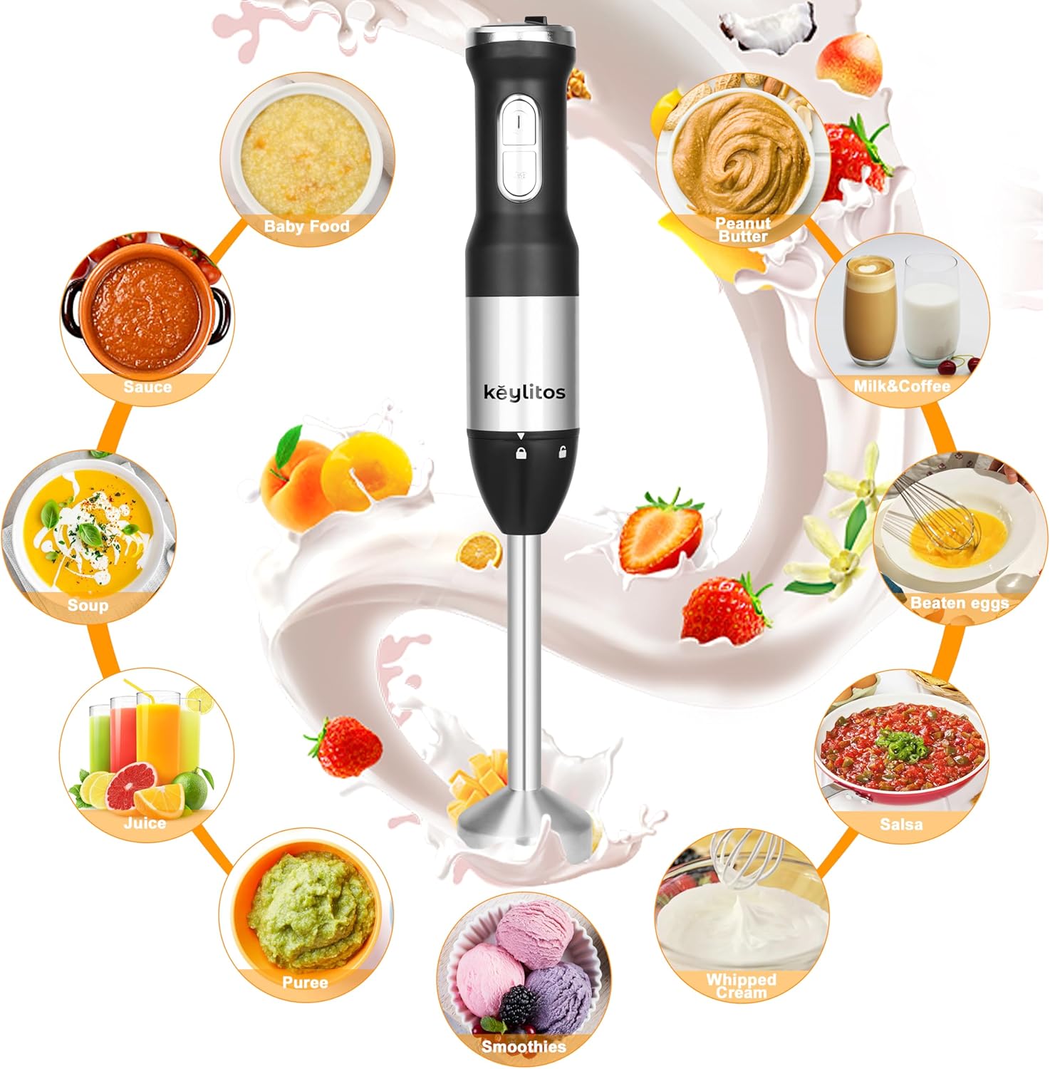 5-in-1 Immersion Hand Blender with 600ml Chopper and 800ml Beaker, 800W Variable Speed Stick Mixer for Smoothies Soups Baby Food