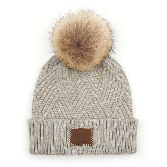 C.C Diagonal Criss Cross Pattern Suede Patch Snuggly Soft Pom Cuff Beanie, Warm Gray Mix