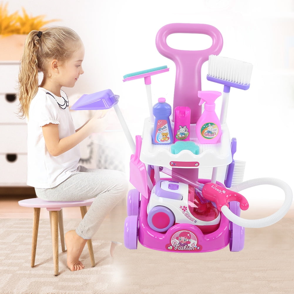 Cleaning Set Role Play Toy Cleaning Toy Trolley Toy Plastic Toddler Children For Girls Boys Pink
