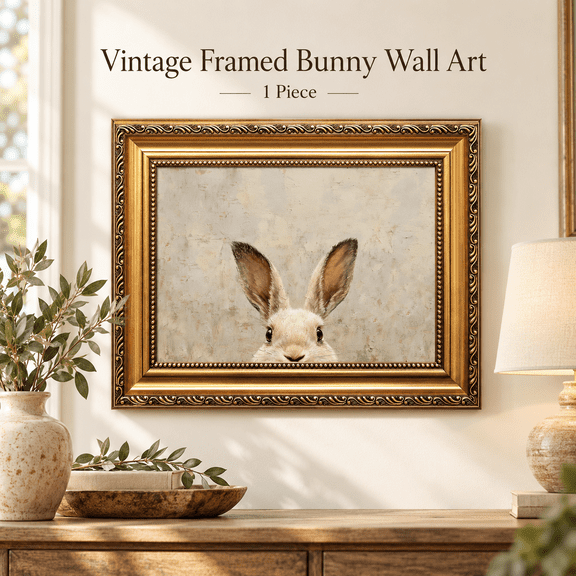 MEYRKLOE Vintage Gold Framed Wall Art, 9 x 12 Inch Rabbit Canvas Print, Rustic Neutral Animal Artwork for Living Room, Bedroom or Farmhouse Decor