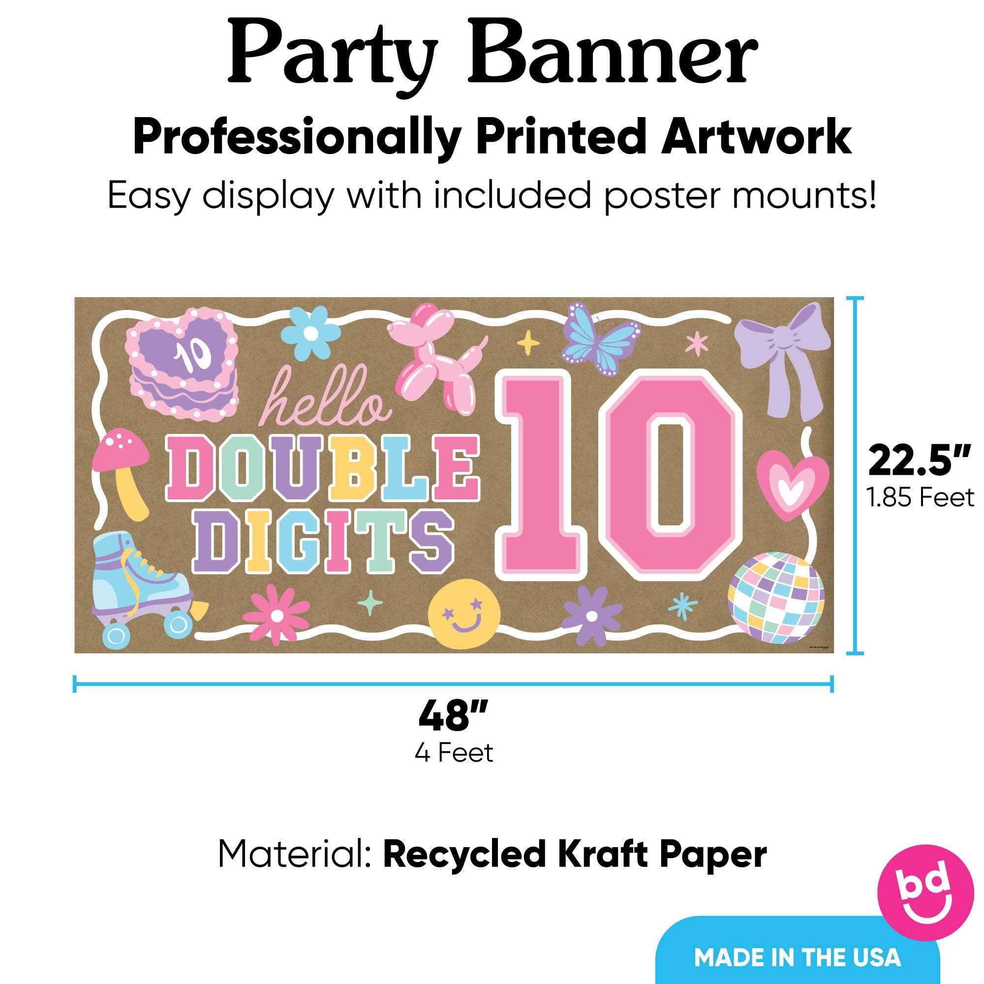 Big Dot of Happiness Preppy 10th Birthday Girl Kraft Paper Banner, Hello Double Digits Pastel Birthday Party Welcome Banner, Printed Brown Paper Party Sign Decoration – 1 Count