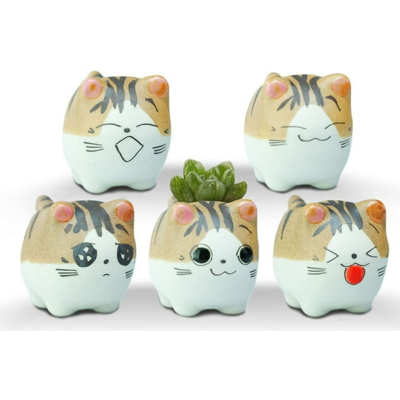 Original Design Handmade Mini Cute Cartoon Ceramic Succulent Pots Planters Cat, with Drainage Hole, Flower Pot, Ceramic Ornaments Cat Gifts for Cat Lovers Office - Pack of 5