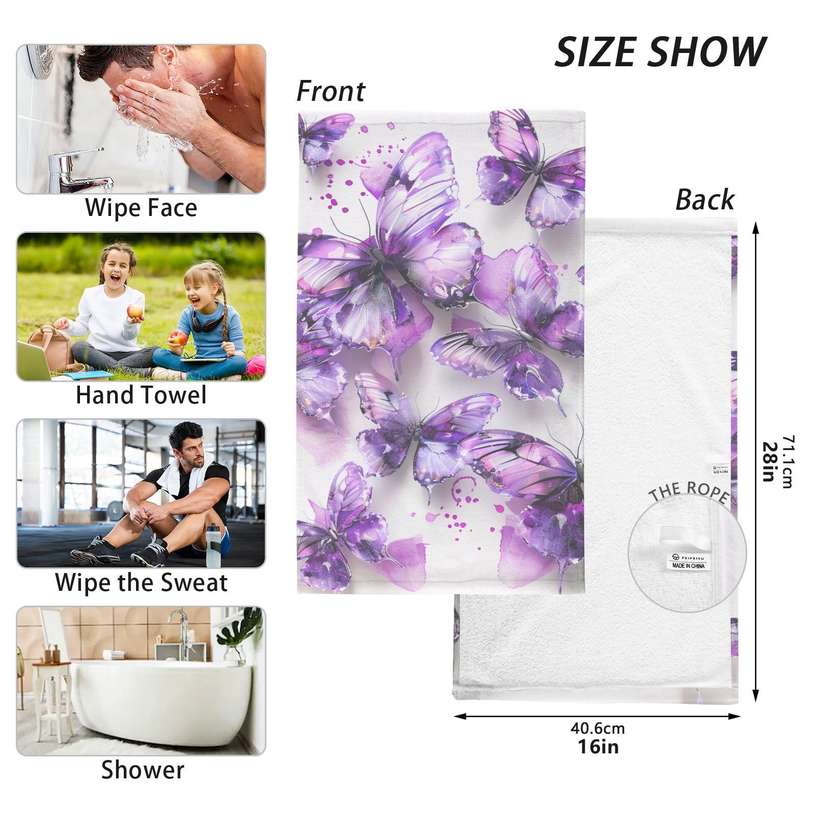Purple Butterflies Watercolor Hand Towel Bath Towels Face Towels Cotton Absorbent for Home Hotel Spa Swimming Yoga Sports Decorative Towel Set of 2