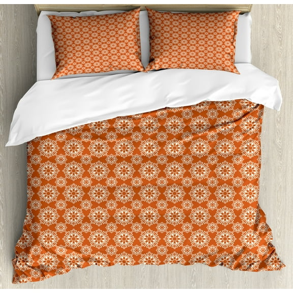 Ambesonne Orange Mandala Duvet Cover Set, Lace Like Symmetry, Calking, Pale Cinnamon and Off White