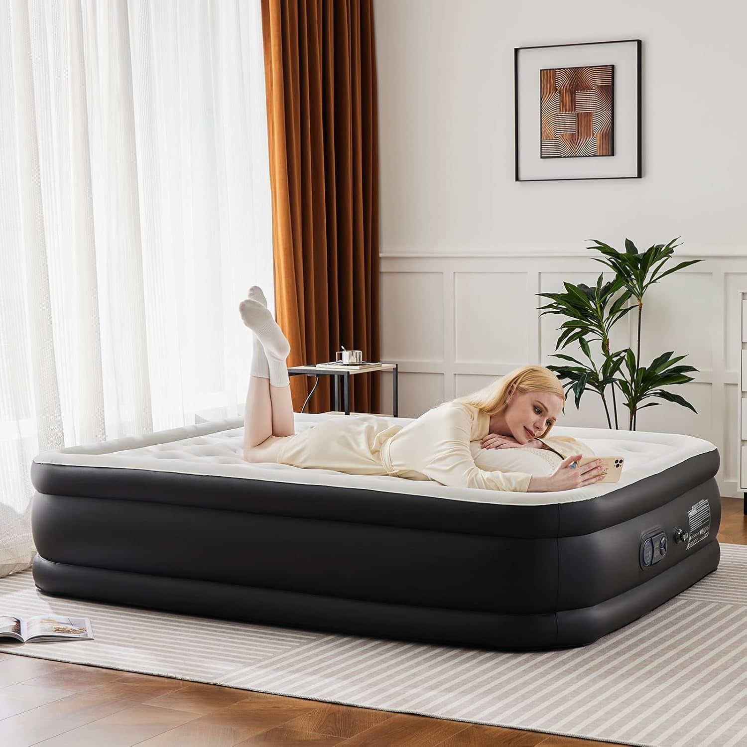 TINKLE WELL 22" Queen Size Air Mattress with Built-in Pump Waterproof Inflatable Bed Portable Blow-Up Airbed for Home Camping and Guest Use
