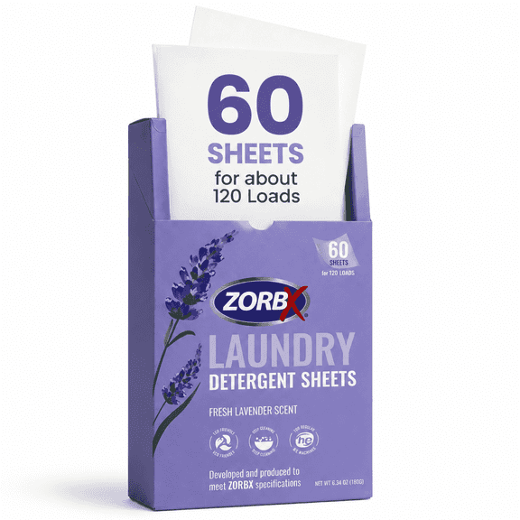 ZORBX Lavender Laundry Detergent Sheets (60 Ct, 120 Loads) Liquid-less, Quick Dissolving for Tough Stains & Odors