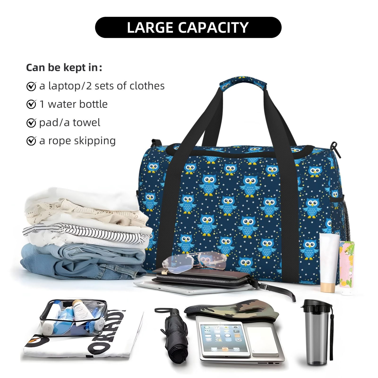 Fuzoiu Blue Owl Print Travel Duffle Bag,Carry On Tote Bags,Duffel Bag,Sport Gym Bag, Hospital Bag for Labor and Delivery, Overnight Bag,Luggage Bag