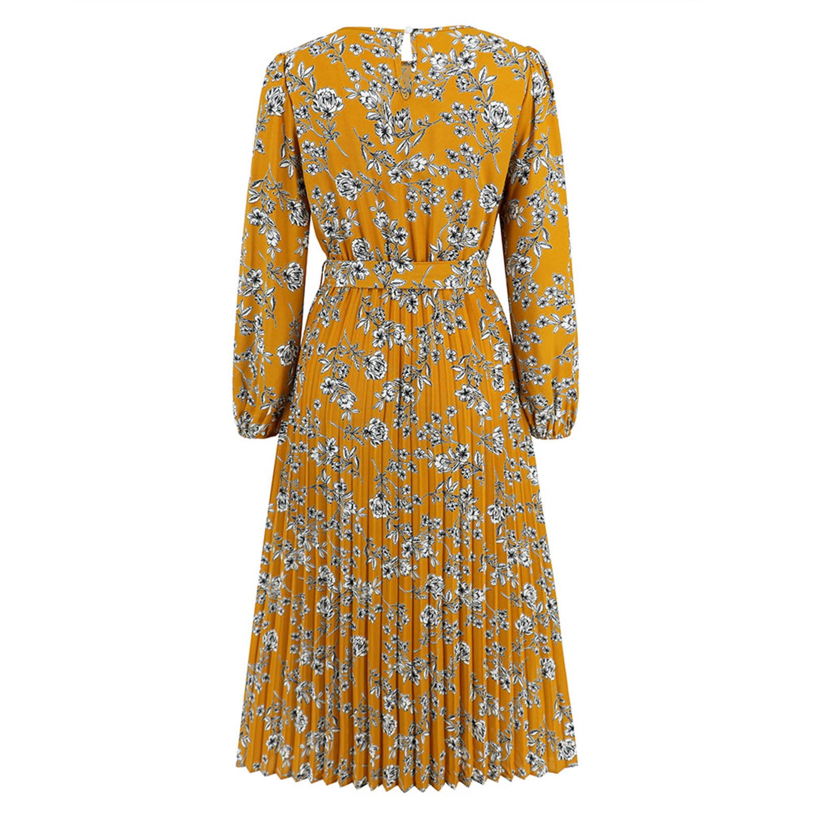 safuny Women's Plus Size Tea Length Evening Dress Floral Lace Splicing Solid Long Sleeve Autumn Dresses Trendy Crew Neck Winter Elegant Formal Cocktail Wedding Holiday Yellow L