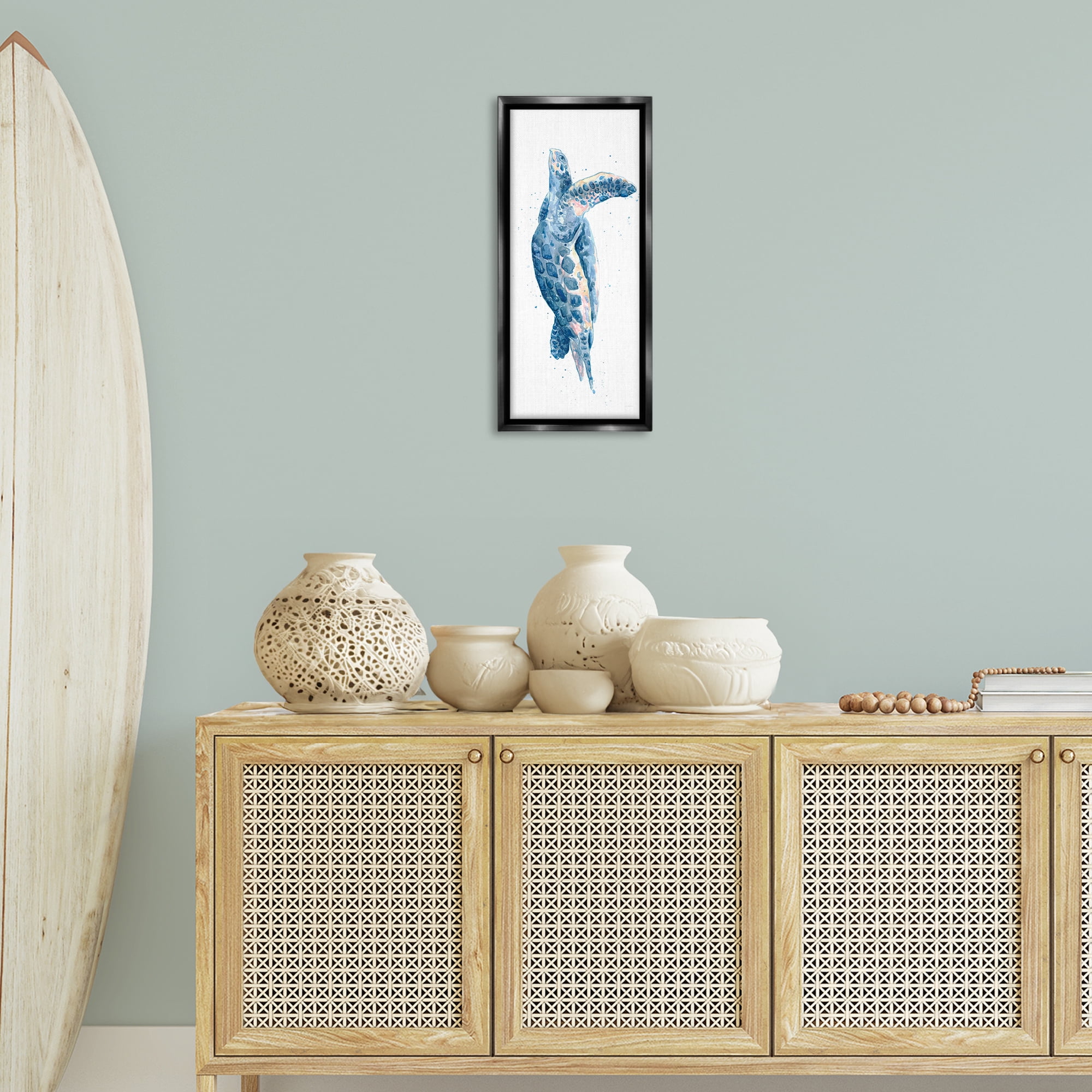 Stupell Industries Blue Turtle Swimming Animals & Insects Painting Black Floater Framed Canvas Art Print Wall Art, 11 x 25