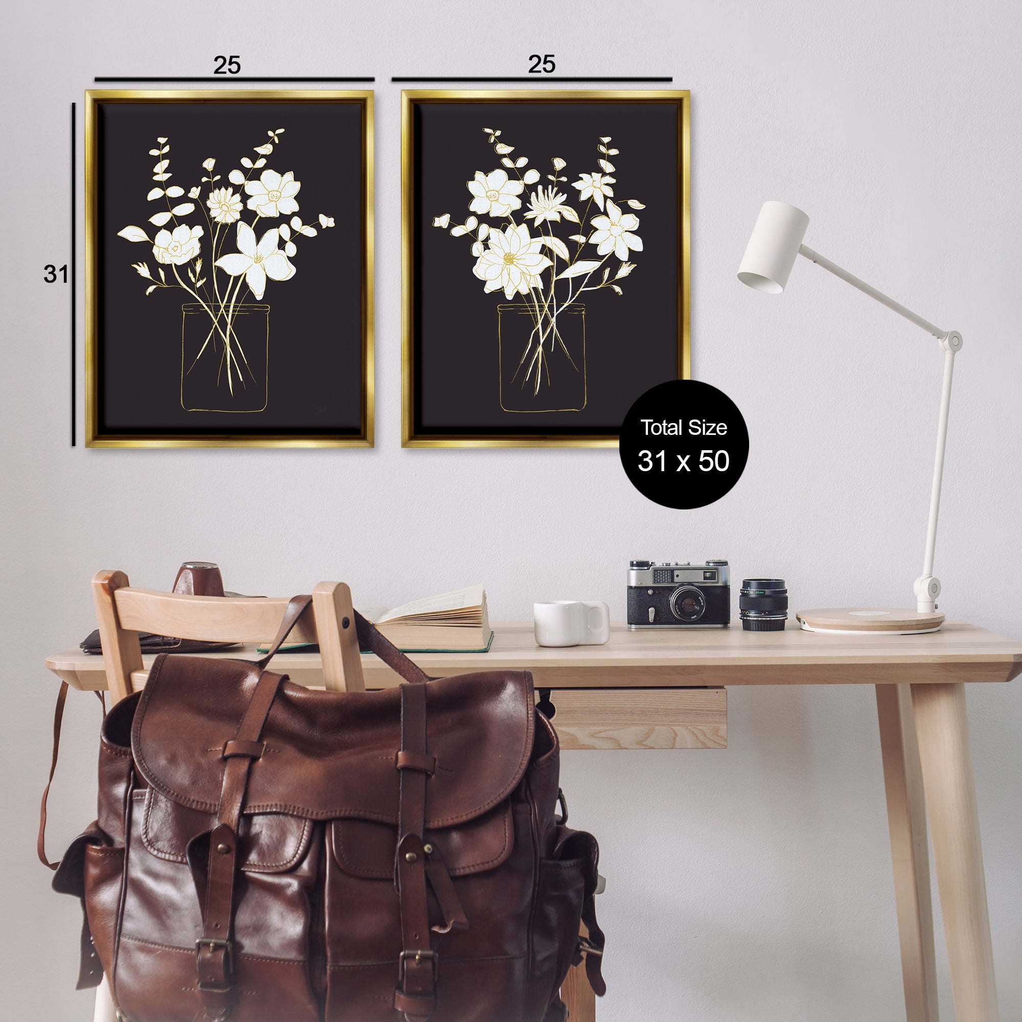 Stupell Industries Minimalist Flower Sketch in Jar Plants & Flowers Painting Gold Floater Framed Canvas Art Print Wall Art, 31 x 25, Set of 2