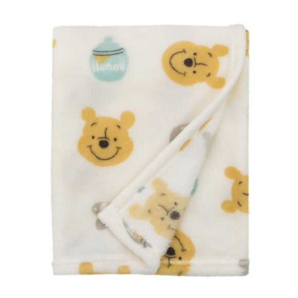 Disney Winnie The Pooh - Ivory, Yellow and Aqua Super Soft Baby Blanket, Allover Print, Infant, Unisex, Plush Polyester