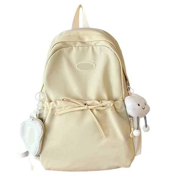 FUZHIQ Bow Drawstring School Backpack with Cloud Plush Pendant for Ages 3rd 4th 5th 6th Grade Simple Solid Color Side Pouch Bookbag, Yellow