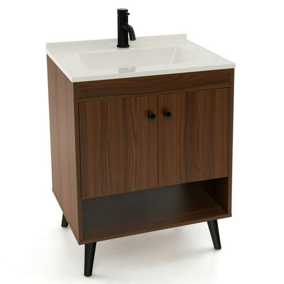 Canddidliike 25 Inch Wooden Bathroom Storage Cabinet with Sink-Walnut, Bathroom Floor Cabinet for Entryway Storage, Home Office Furniture