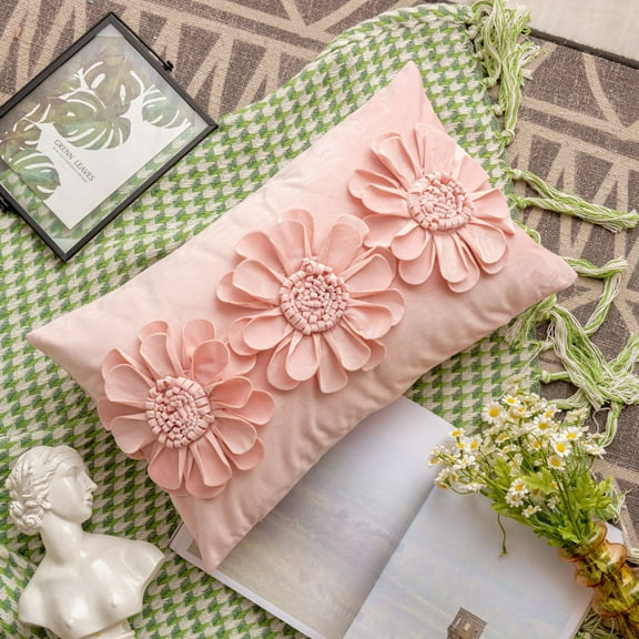 Wehilion 3D Flower Pillows Covers Velvet Square Pillowcase 12x20 Inches Home Decorate Pillow Case Floral Cushion for Living Room Bed Sofa Window and Car