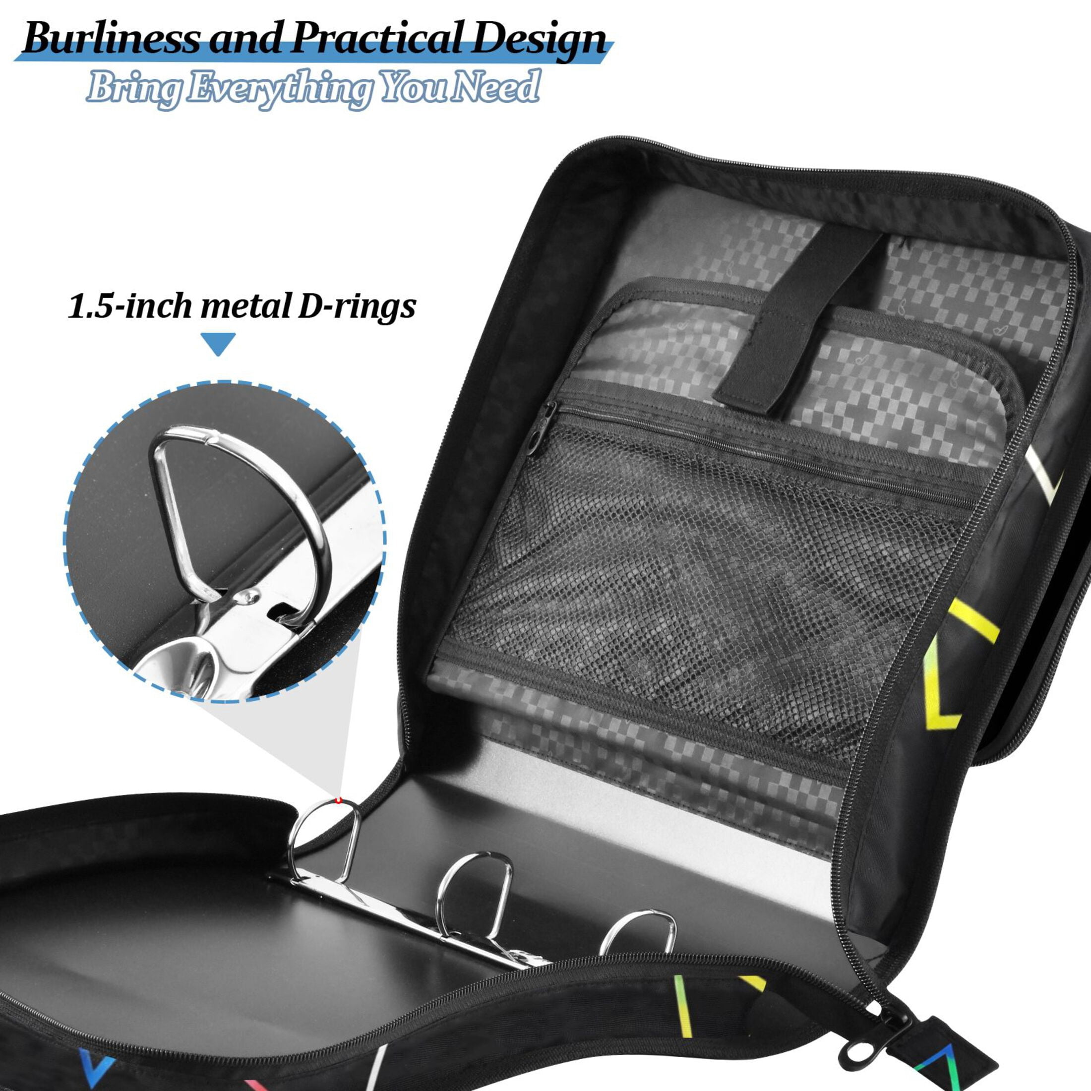 3 Ring Zipper Binder with Shoulder Strap Waterproof Trapper Keeper 2 Inch D-Ring 500 Sheets Capacity Color Triangle Lines