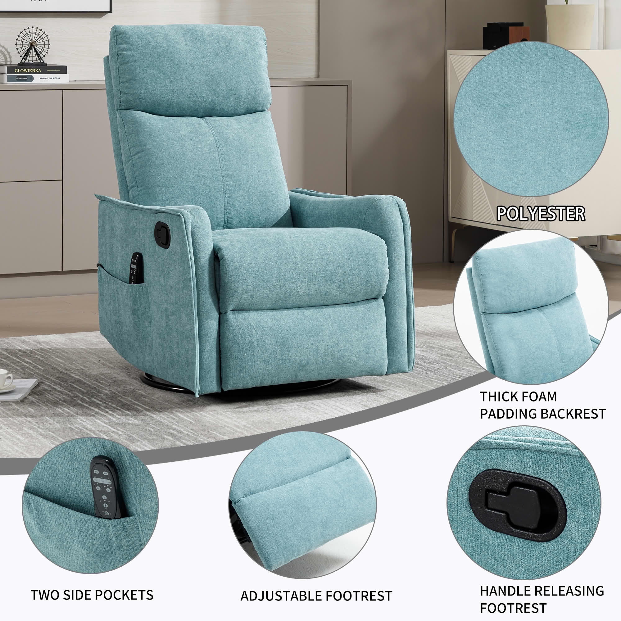 MAYEERTY Antique Blue Green Heat Massage Recliner Chair, 360° Swivel Rocker 27"x36"x40" for Living Room