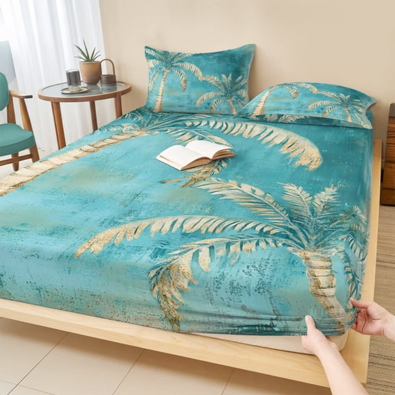 Twin Sze Fitted Sheet Set - Coastal Beach Palm Tree 2 Piece Bedding Sets 16" Deep Pocket Fitted Sheet with 1 Pillowcase, Retro Teal Tropical Plant Summer Brushed Microfiber Hotel Luxury Bed Sheets