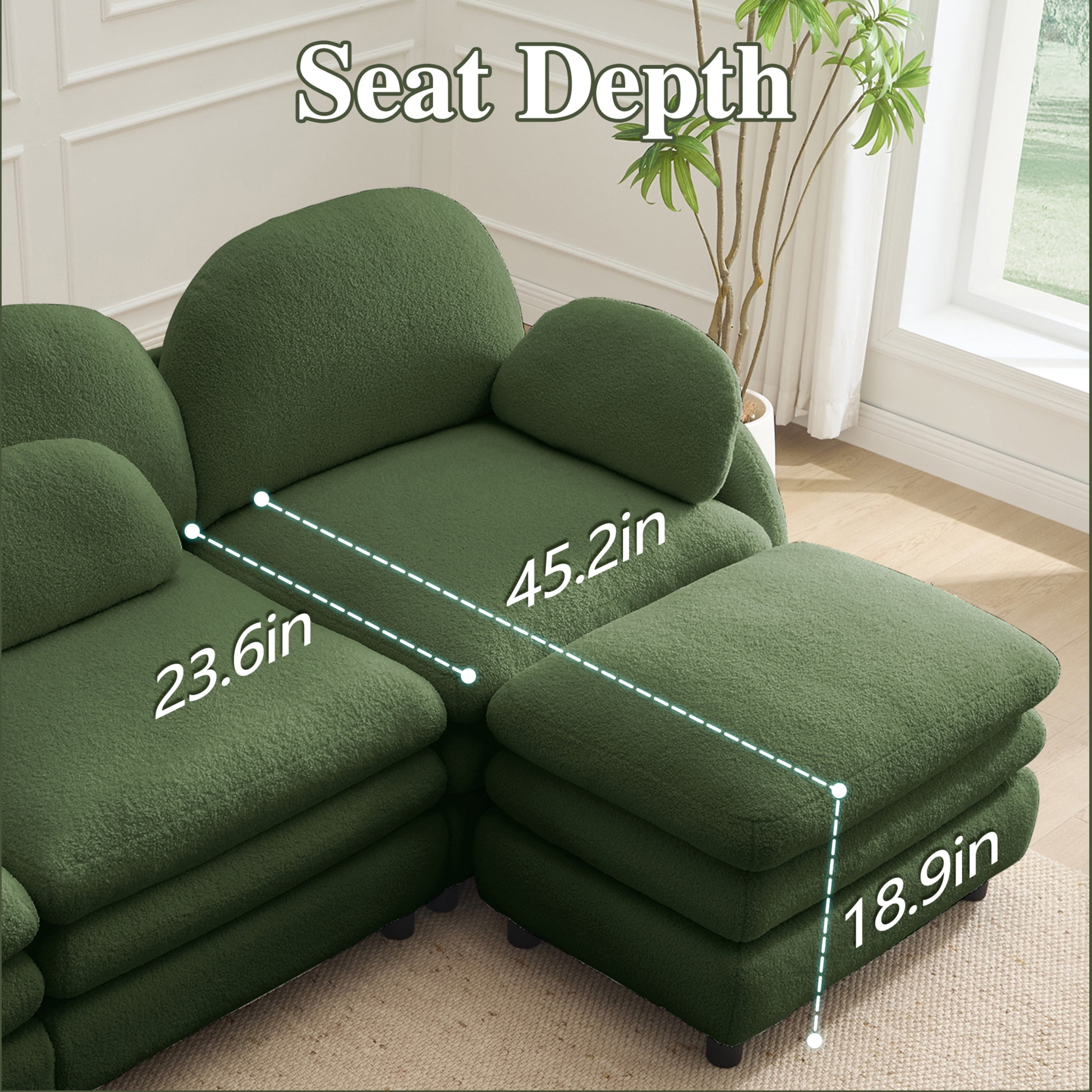 Noble House Windsor Teddy Fabric 3-Seater Sectional Sofa, Modular Cloud Couch with Lumbar Pillows, Green