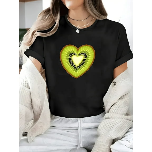 Women's Kiwi Fruit Heart Graphic Print T-Shirt - Black Short Sleeve Crew Neck Casual Top, Breathable Summer & Spring Tee, Machine Washable Regular Fit,